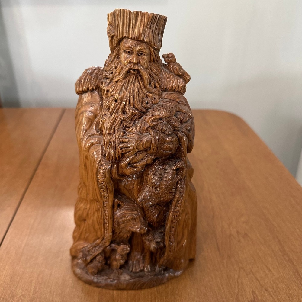 Vintage C.S. Dewey Hand Carved Wood Santa Figurine Forest Animals 1990 Signed #1